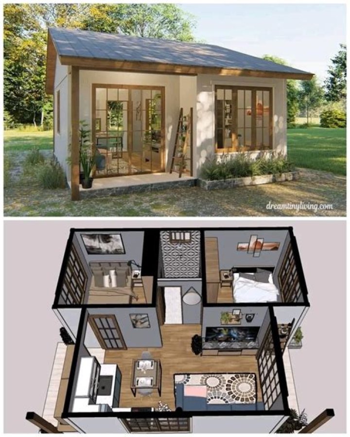 Amazon is selling a $389 two-story tiny home plan and it has a spacious garage and balcony