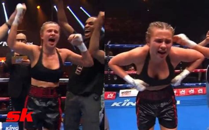 Daniella Hemsley video win dress celebration flashes, kingpyn boxing apologizes for flashing incident