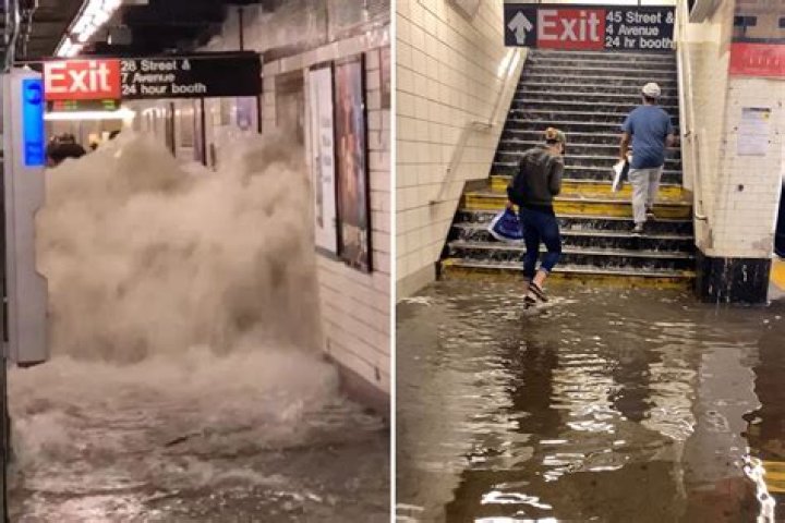 Flooding in NYC sees spouts of water erupt in subway & New Yorkers wearing TRASH BAGS as Newark Airport goes underwater