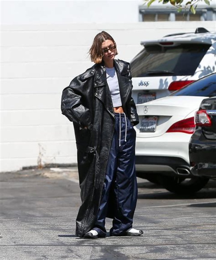 Hailey Bieber Wore a Super Oversized “Matrix” Leather Jacket — See Photos