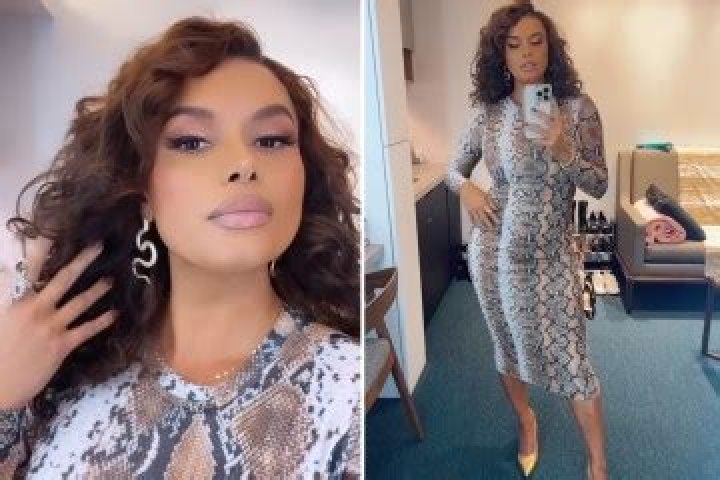 Joy Taylor looks sensational dressed up as Victoria Beckham for Halloween in tiny black dress and killer heels