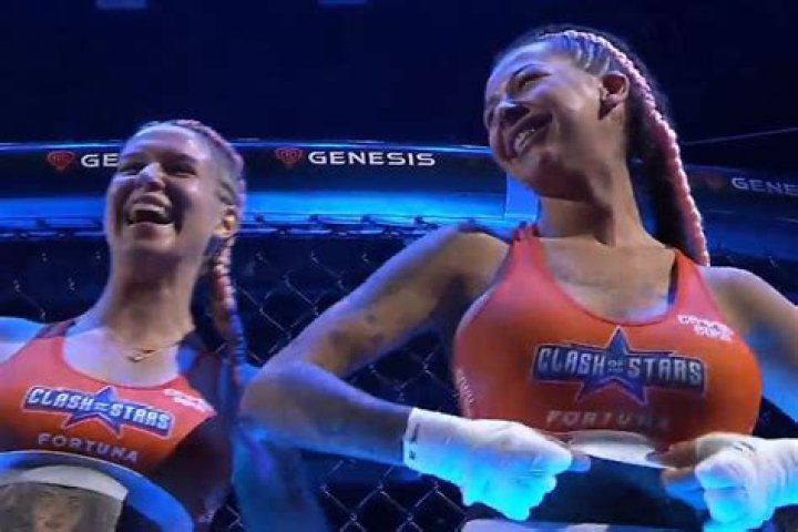 TV viewers stunned as giggling MMA fighters flash crowd before fight having also got boobs out in X-rated weigh-in