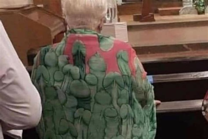 Nan mortified after realising that there's a VERY rude pattern on her favourite scarf