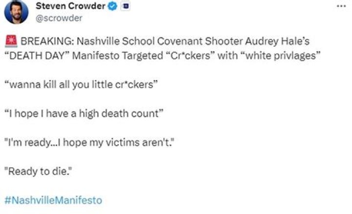 Nashville Shooter Manifesto Released by Steven Crowder Sparks Boycott Calls