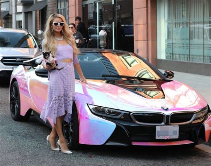 Paris Hilton poses alongside her custom $165,000 holographic supercar in LA