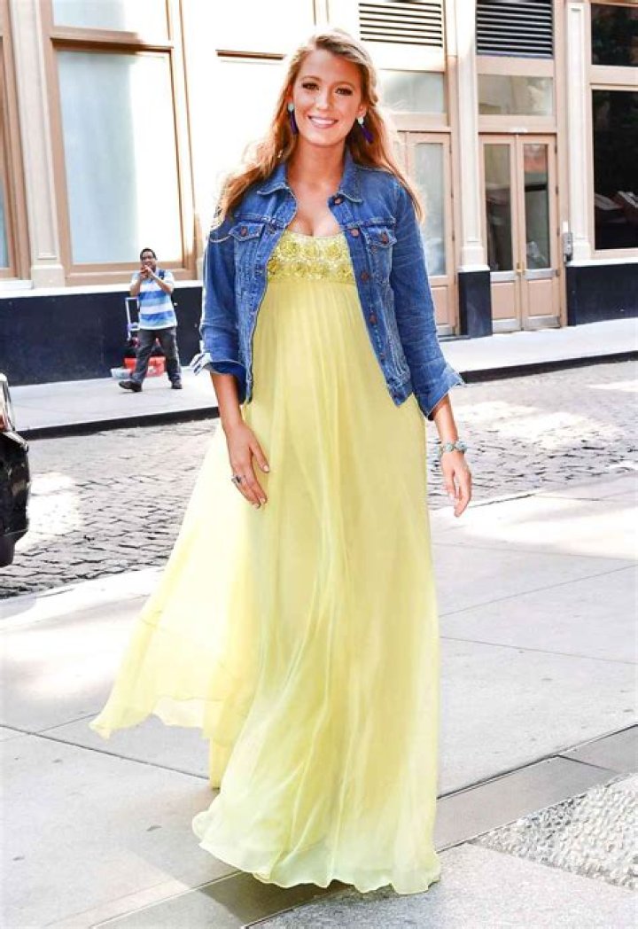 Pregnant Blake Lively Dresses Down Yellow Ball Gown With Jean Jacket