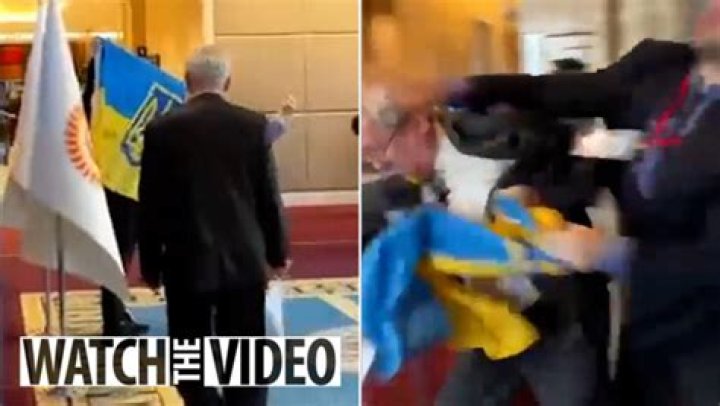 Shocking moment fist fight erupts when Russian diplomat rips down Ukrainian flag at conference in Turkey